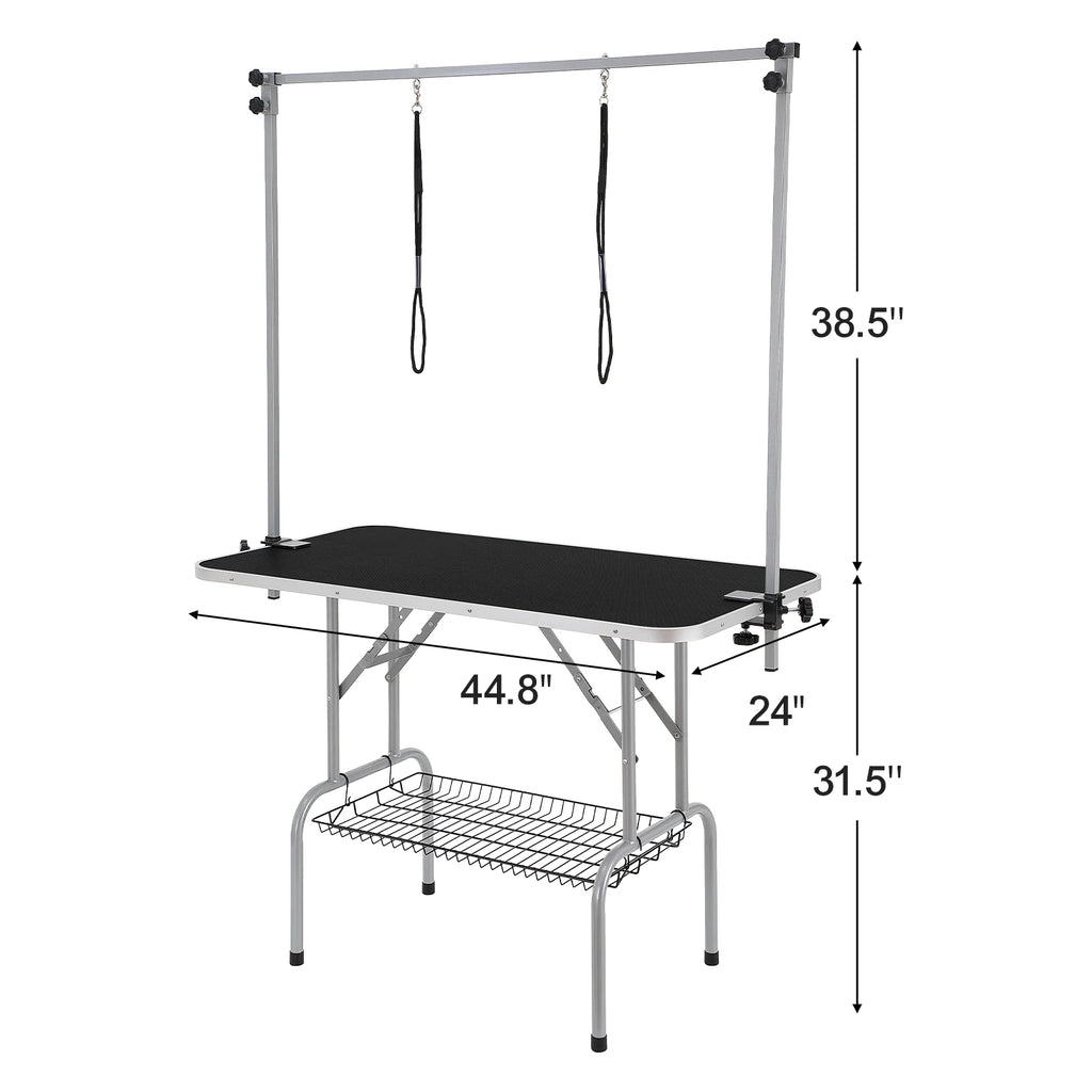 Pet Grooming Table Two Arms with Clamp, 46'' Dog Grooming Station, Foldable Pets Grooming Stand for Medium and Small Dogs, Free No Sit Haunch Holder with Grooming Loop, Bearing 330Lbs