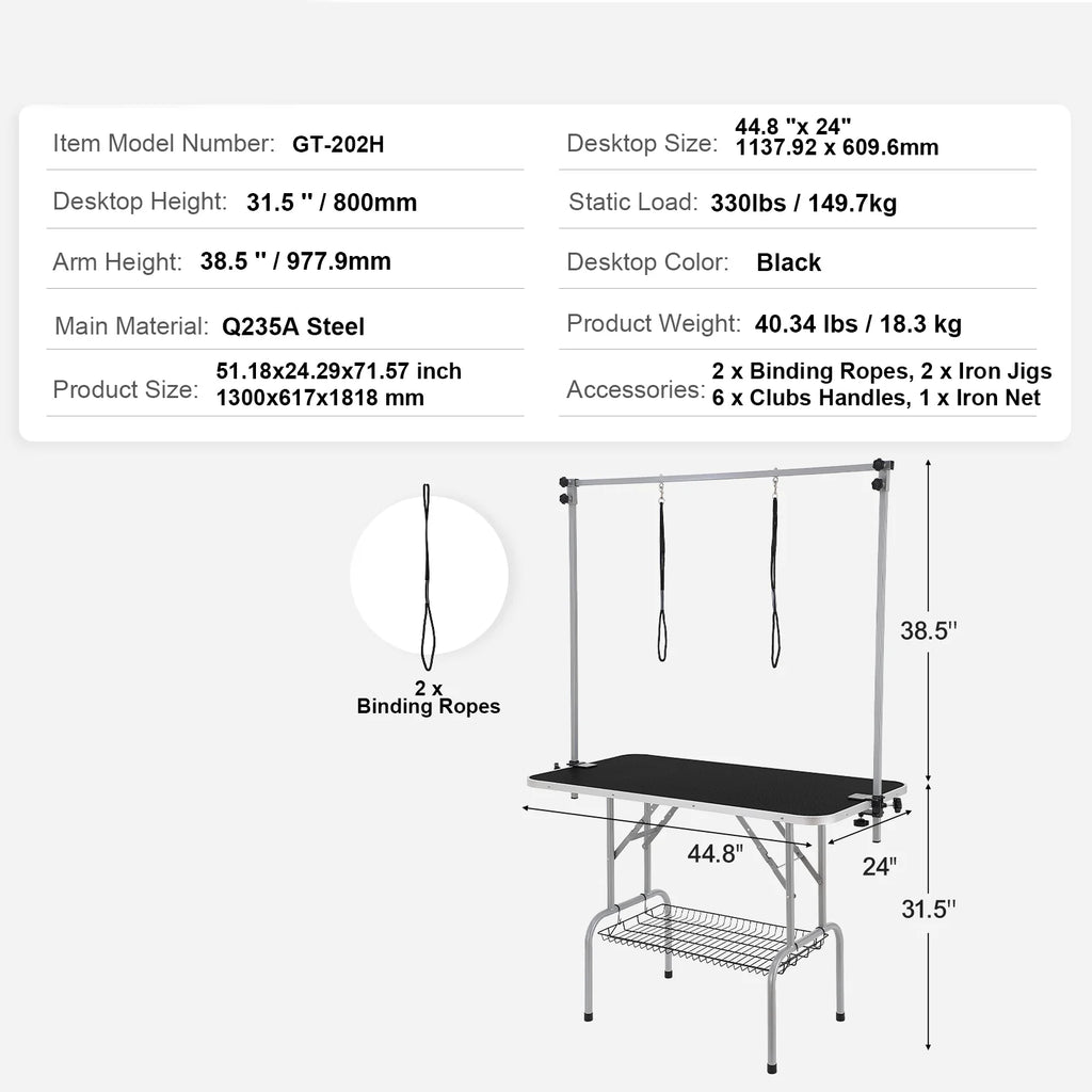 Pet Grooming Table Two Arms with Clamp, 46'' Dog Grooming Station, Foldable Pets Grooming Stand for Medium and Small Dogs, Free No Sit Haunch Holder with Grooming Loop, Bearing 330Lbs