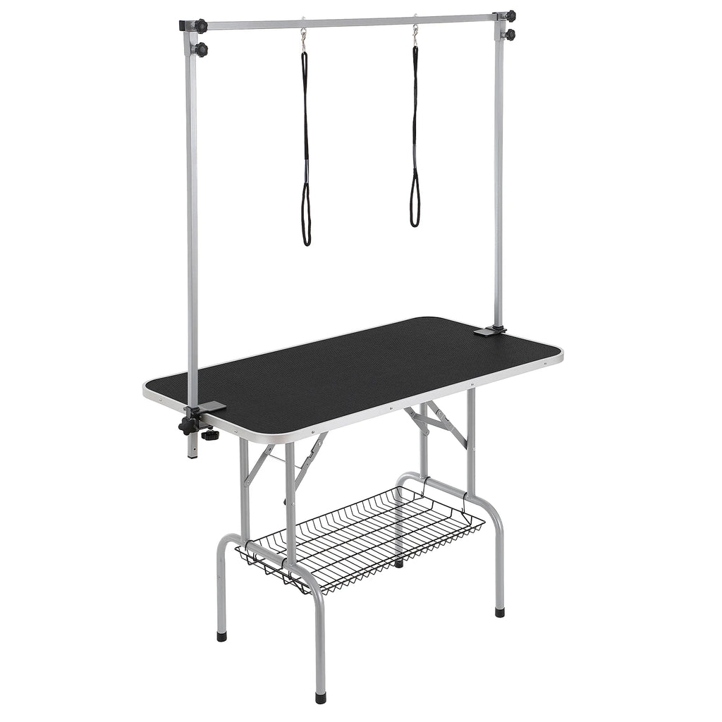 Pet Grooming Table Two Arms with Clamp, 46'' Dog Grooming Station, Foldable Pets Grooming Stand for Medium and Small Dogs, Free No Sit Haunch Holder with Grooming Loop, Bearing 330Lbs