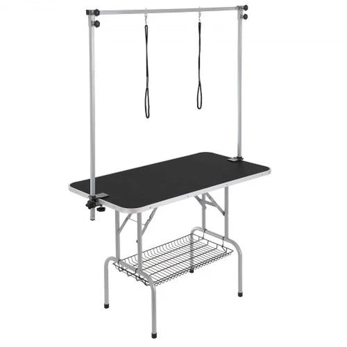 Pet Grooming Table Two Arms with Clamp, 46'' Dog Grooming Station, Foldable Pets Grooming Stand for Medium and Small Dogs, Free No Sit Haunch Holder with Grooming Loop, Bearing 330Lbs