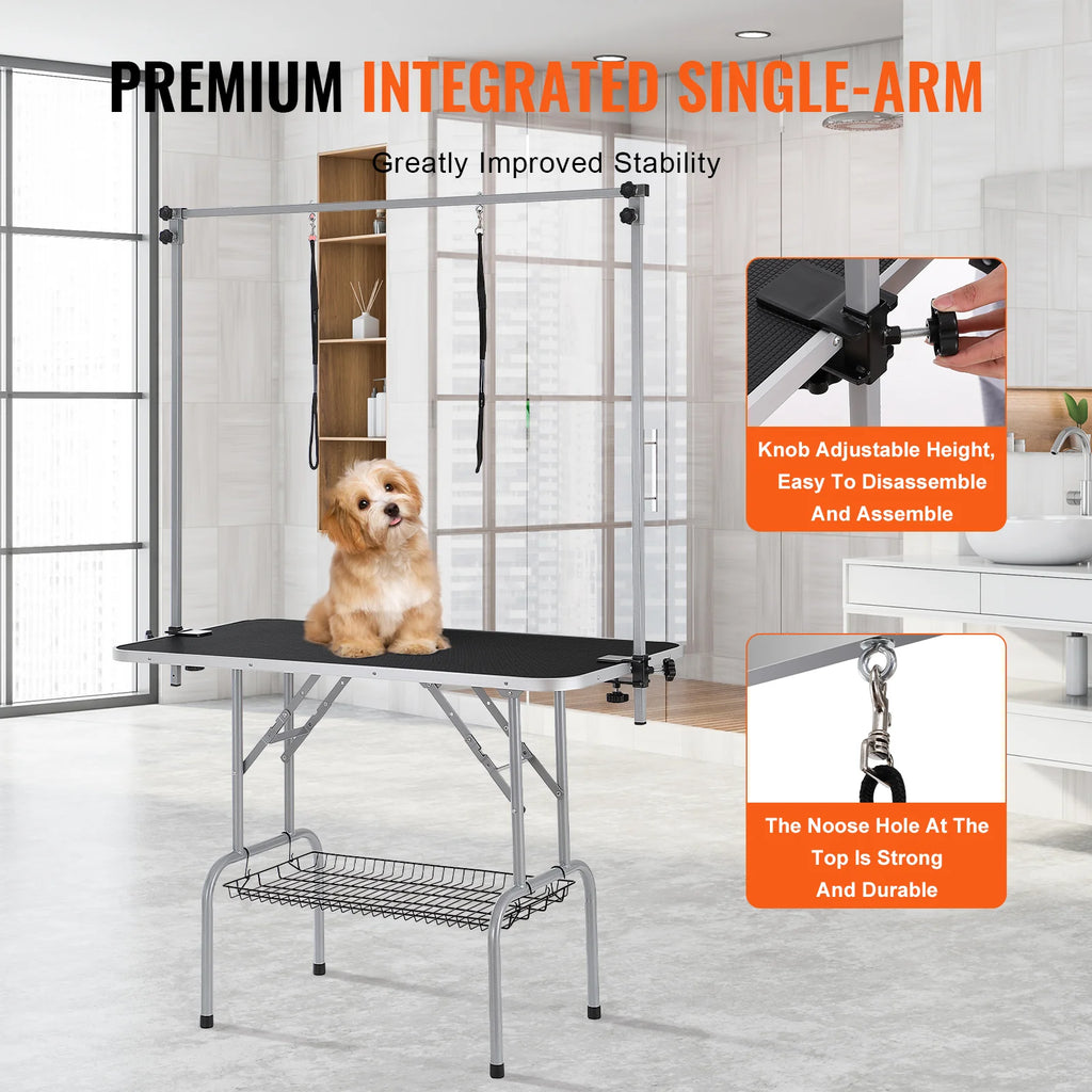 Pet Grooming Table Two Arms with Clamp, 46'' Dog Grooming Station, Foldable Pets Grooming Stand for Medium and Small Dogs, Free No Sit Haunch Holder with Grooming Loop, Bearing 330Lbs