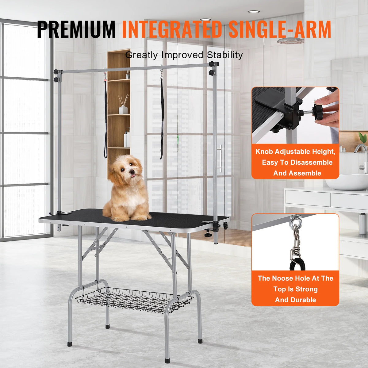Pet Grooming Table Two Arms with Clamp, 46'' Dog Grooming Station, Foldable Pets Grooming Stand for Medium and Small Dogs, Free No Sit Haunch Holder with Grooming Loop, Bearing 330Lbs