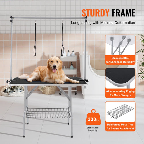 Pet Grooming Table Two Arms with Clamp, 46'' Dog Grooming Station, Foldable Pets Grooming Stand for Medium and Small Dogs, Free No Sit Haunch Holder with Grooming Loop, Bearing 330Lbs