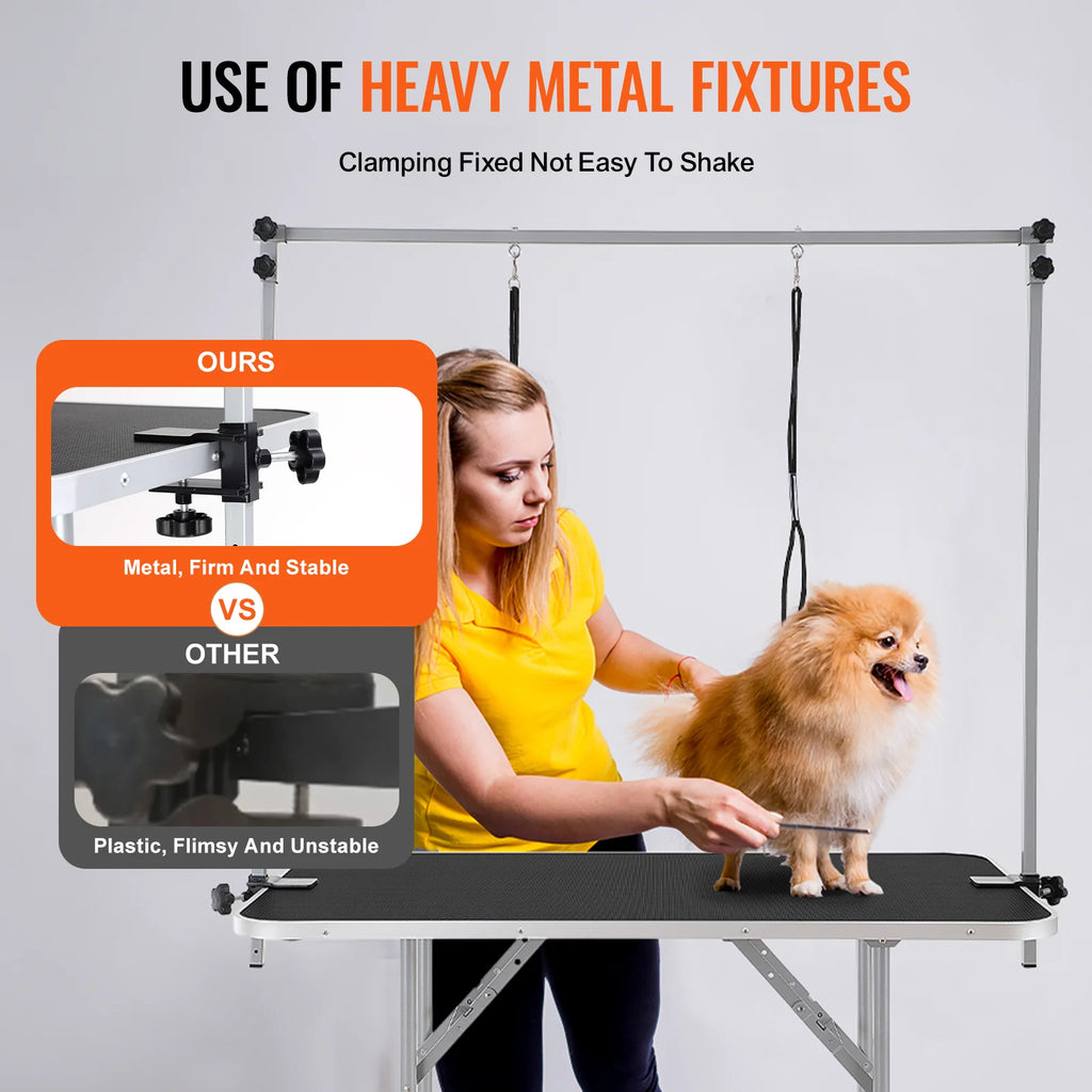 Pet Grooming Table Two Arms with Clamp, 46'' Dog Grooming Station, Foldable Pets Grooming Stand for Medium and Small Dogs, Free No Sit Haunch Holder with Grooming Loop, Bearing 330Lbs