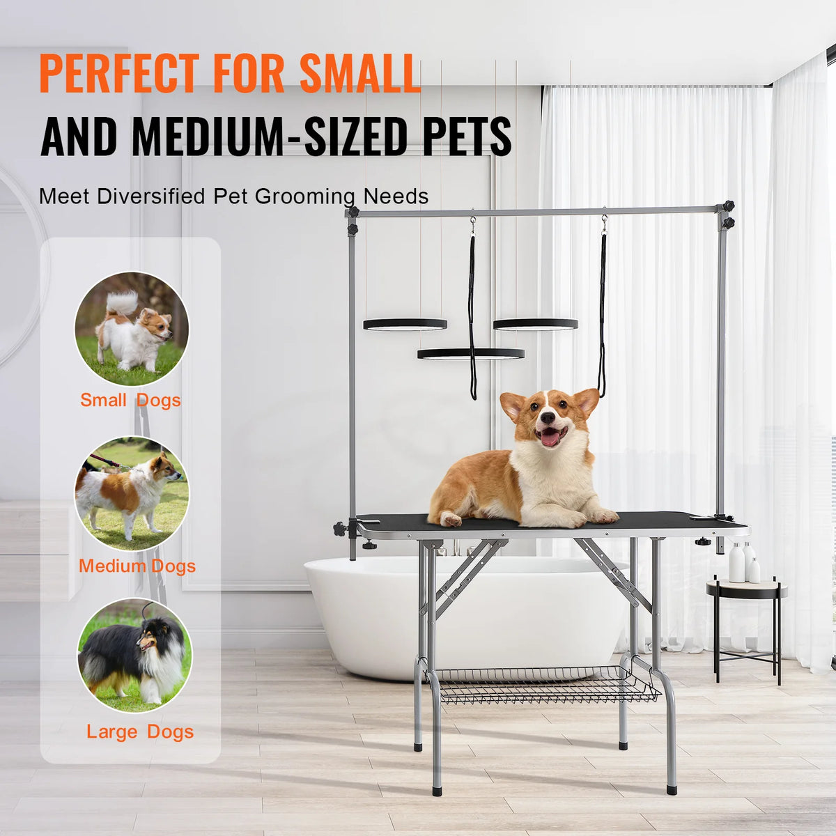 Pet Grooming Table Two Arms with Clamp, 46'' Dog Grooming Station, Foldable Pets Grooming Stand for Medium and Small Dogs, Free No Sit Haunch Holder with Grooming Loop, Bearing 330Lbs